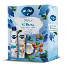 Набор подарочный для женщин, Aura, Be Happy, крем-гель для душа "Кокос и Миндаль", 250мл + крем для рук восстанавливающий, 75мл