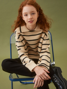 Джемпер в полоску с воротником для девочек (белый, 134) Sela