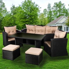 Мебель садовая Green Days, Эмилия, коричневая, стол, 120х66 см, 2 кресла, 1 диван, подушка бежевая, 150 кг, J-2039