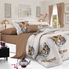 Постельное белье 2-спальное, простыня 175 х 214 см, 2 наволочки 70х70 см, пододеяльник 175 х 214 см, Адель, поплин, Тигр
