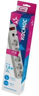 Удлинитель Космос с сетевым фильтром 5х1.8м с заземлением 10А IP20 2.2кВт с предохранителем 3х0.75 2 USB разъема 2.1А 5В индикатор сети белый FKsm1.8m-5g(W