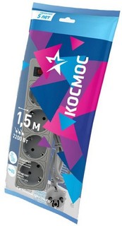 Удлинитель Космос с сетевым фильтром 4х1.5м с заземлением 10А IP20 2.2кВт с предохранителем 3х0.75 индикатор сети серый FKsm1.5m-4g(G)