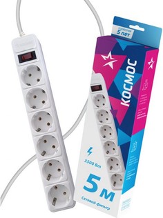 Удлинитель Космос с сетевым фильтром 6х5м с заземлением 16А IP20 3.5кВт с предохранителем 3х1 индикатор сети белый FKsm5m-6g(W)16A