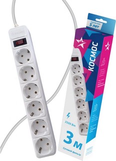 Удлинитель Космос с сетевым фильтром 6х3м с заземлением 16А IP20 3.5кВт с предохранителем 3х1 индикатор сети белый FKsm3m-6g(W)16A