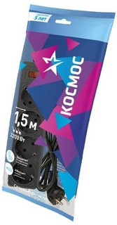 Удлинитель Космос с сетевым фильтром 4х1.5м с заземлением 10А IP20 2.2кВт с предохранителем 3х0.75 индикатор сети черный FKsm1.5m-4g(B)