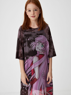 Платье-футболка с принтом аниме для девочек (черный, 152) Sela