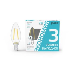 Лампочка Лампа cветодиодная филаментная Gauss E14 7W 4100K прозрачная 3 шт. 103901207T