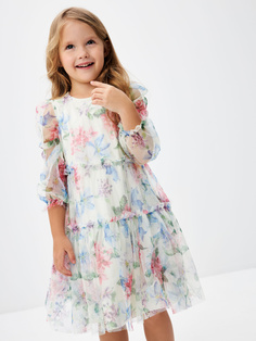 Ярусное платье с цветочным принтом для девочек (белый, 104) Sela