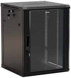 Шкаф настенный 19", 22U Hyperline TWB-FC-2266-GP-RAL9004 стеклянная дверь с перфорацией по бокам, ручка с замком, с возможностью установки на ножки (в