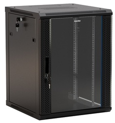 Шкаф настенный 19", 6U Hyperline TWB-0666-GP-RAL9004 367x600х600, стеклянная дверью с перфорацией по бокам, ручка с замком, цвет черный (RAL 9004) (ра