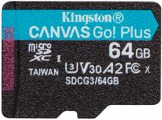 Карта памяти MicroSDXC 64GB Kingston SDCG3/64GBSP UHS-II Class U3 V30 A2, чтение: 170Мб/с, запись: 70Мб/с, без адаптера