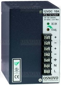 Блок питания OSNOVO PS-12120/I промышленный. DC12V, 10A (120W). Диапазон входных напряжений: AC100-240V. КПД: 80%. Регулировка выходного напряжения в