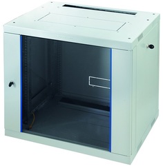 Шкаф настенный 19", 12U Eurolan 60W-12-64-31GY Racknet F30 600 × 450, передняя дверь стеклянная, боковые панели, шнуры зазаемления, светло-серый