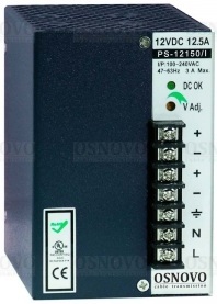 Блок питания OSNOVO PS-12150/I промышленный. DC12V, 12,5A (150W). Диапазон входных напряжений: AC100-240V. КПД: 80%. Регулировка выходного напряжения