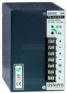 Блок питания OSNOVO PS-24120/I промышленный. DC24V, 5A (120W). Диапазон входных напряжений: AC100-240V. КПД: 81%. Регулировка выходного напряжения в д