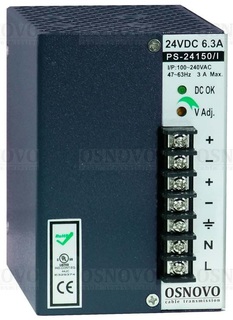 Блок питания OSNOVO PS-24150/I промышленный. DC24V, 6,3A (150W). Диапазон входных напряжений: AC100-240V. КПД: 82%. Регулировка выходного напряжения в