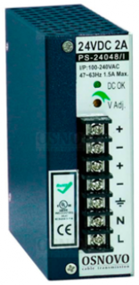 Блок питания OSNOVO PS-24048/I промышленный. DC24V, 2A (48W). Диапазон входных напряжений: AC100-240V. КПД: 82%. Регулировка выходного напряжения в ди