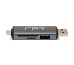 Карт-ридер CBR Gear Type-C/USB 3.0 (2 в 1), до 5 Гбит/с, microSD/T-Flash/SD/SDHC/SDXC, доп.выход USB 3.0 хаб, поддержка OTG, алюминиевый корпус