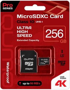 Карта памяти MicroSDXC 256GB Qumo QM256GMICSDXC10U3 Class 10 Pro UHS-I U3, SD адаптер