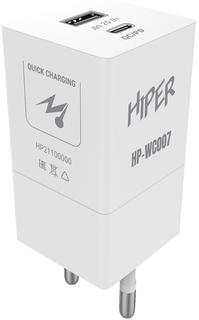 Зарядное устройство сетевое HIPER HP-WC007 3A+2.22A PD+QC универсальное белое