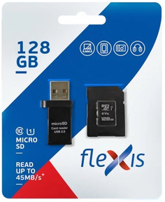 Карта памяти 128GB Flexis FX128GMSDXCU1 Class10 U1, c адаптером, USB картридером, чёрная
