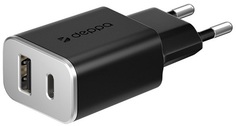 Зарядное устройство сетевое Deppa 11386 USB+USB, Type-C, 3.4А, black, без кабеля