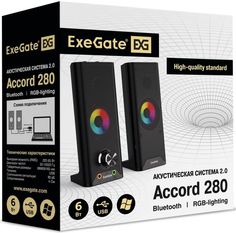 Акустическая система 2.0 Exegate EX289681RUS Accord 280 (питание USB, Bluetooth, 2х3Вт (6Вт RMS), 60-20000Гц, цвет черный, RGB подсветка, с возможност