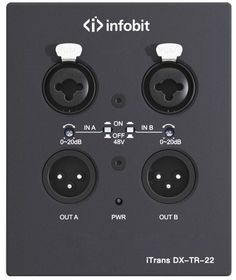 Конвертер Infobit iTrans DX-TR-22 Dante - ан. 2 ан. входа XLR(F), 2 ан. выхода XLR(M), RJ45(Dante). Поддержка фантомного питания. Питание PoE