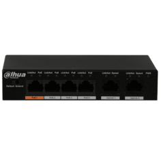 Коммутатор неуправляемый Dahua DH-PFS3006-4ET-60 4 порта RJ-45 с PoE 10/100 Мбит/с, 2 Uplink порт 10/100 Мбит/с