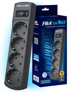 Сетевой фильтр ZIS Pilot m-Max Pilot m-Max 10M 10м, 4 розетки (евро с заземлением), 15А/3.3кВа, автомат, черный (1151245)