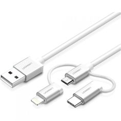 Кабель интерфейсный UGREEN 50203 3-in-1, USB 2.0 A to micro USB+Lightning+Type C, в оплетке, 1,5 м, серебристый