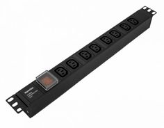 Блок розеток 19", 8 розеток Hyperline SHE19-8IEC-S-IEC горизонтальный, с выкл. с подсветкой, 10A, 250В, без кабеля питания, вх.розетка IEC 320 C14