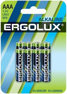 Батарейка Ergolux LR03 BP8 Alkaline LR03/AAA, 1,5 В, 1150 мА.ч, 8 шт в упаковке (14814)