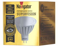 Лампа светодиодная Navigator NLL-MR16-6-230-4K-GU5.3-FR-SV (уп/20шт), Supervision, 6Вт, 176-264В, 4000К, 480лм, GU5.3, 50х48мм, рефлектор, матовая (80
