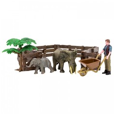 Игровые фигурки Masai Mara Игрушки фигурки На ферме (фермер, слон и слоненок, ограждение-загон, дерево, тележка)