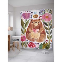 Шторы для ванны JoyArty Штора занавеска из сатена с крючками Добрый медведь в цветах 200х180 см