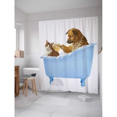 Шторы для ванны JoyArty Штора занавеска из сатена с крючками Кот и пес в ванной 200х180 см