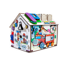 Деревянные игрушки Деревянная игрушка Iwoodplay Бизиборд Домик со светом Пожарные 37x31x31 см