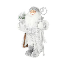 Новогодние украшения Maxitoys Дед Мороз в длинной серебряной шубке с посохом и подарками 45 см