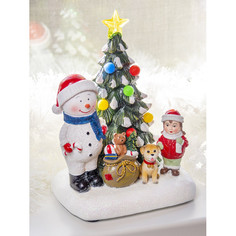 Новогодние украшения Лючия Фигурка декоративная Снеговик у ёлки c LED подсветкой