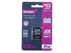 Карта памяти 128Gb - Olmio Micro Secure Digital XC Extreme UHS-I U3 V30 A1 45590 с переходником под SD