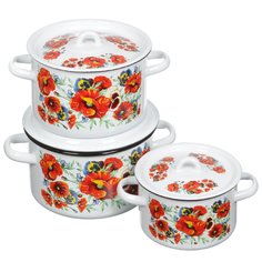 Набор посуды эмалированная сталь, 6 предметов, кастрюли 1.5,2.9,4.5 л, индукция, СтальЭмаль, Маки мечта, 1с33