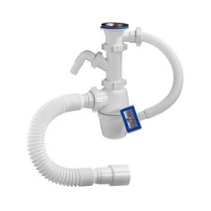 Сифон для мойки, бутылочный, 1" 1/2, 40х40/50, полипропилен, с выпуском, с переливом, прямоугольный перелив, с отводом, с гофрой, Orio, А-4010