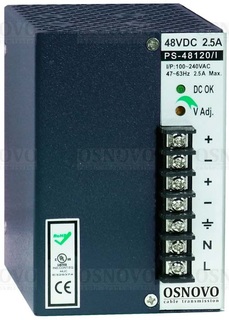 Блок питания OSNOVO PS-48120/I промышленный. DC48V, 2,5A (120W). Диапазон входных напряжений: AC100-240V. КПД: 83%. Регулировка выходного напряжения в