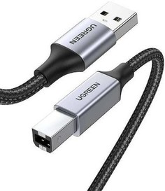 Кабель UGREEN US369 80801 USB-A Male/USB-B 2.0 для подключения принтера, алюминиевый корпус с оплеткой, 1м, black