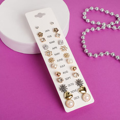 Пусеты 12 пар one year, цветочное настроение, цвет белый в золоте Queen Fair