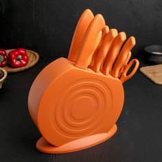 Набор кухонных принадлежностей на подставке, 8 ножей, ножеточка, ножницы, цвет оранжевый NO Brand