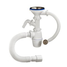 Сифон для мойки, бутылочный, 650 мм, 1" 1/2, 40х40/50, полипропилен, с выпуском, с переливом, круглый, с отводом, с гофрой, Orio, А-5011