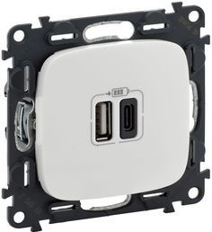 Зарядное устройство Legrand 754965 Valena ALLURE - с двумя USB-разьемами тип А-тип С 240В/5В 3000мА, с лицевой панелью, цвет белый