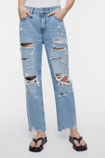 брюки джинсовые женские Джинсы прямые рваные с обрезанными краями Befree